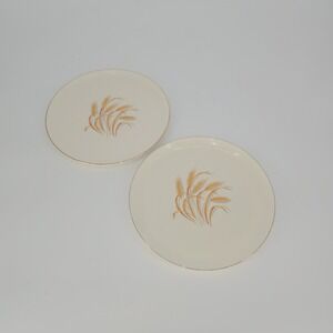 Vintage Golden Wheat 22K Gold Oven Proof Dinner Plates Set of 2 USA 9 Inch MCM